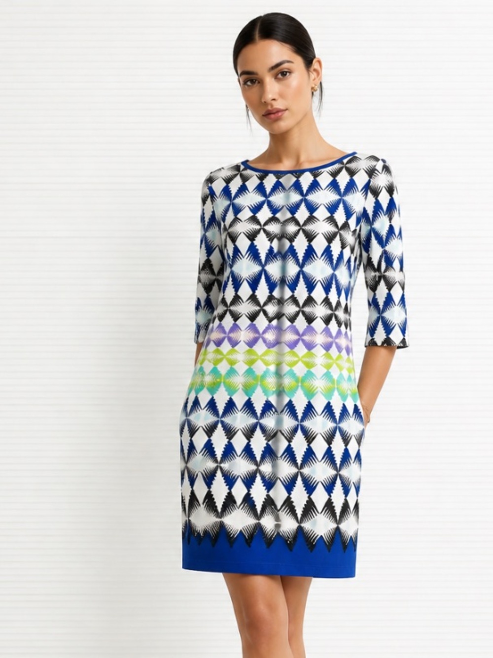 ELIZA J Dress Shift Geometric Blue White Black Stretch Career Sz 2